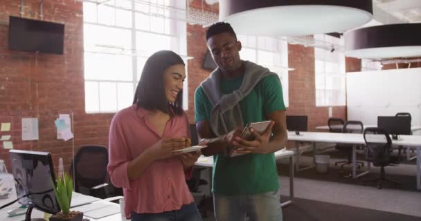 Diverse Male Female Business Colleagues Discussion Work Using Tablet Smiling — Stock Video