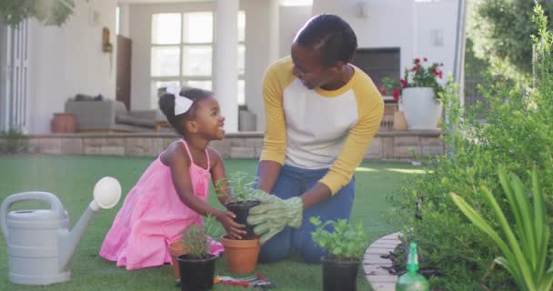Feliz Madre Afroamericana Jardinería Hija Plantando Plantas Jardín Permanecer Casa — Vídeo de stock