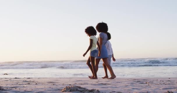 African American Mother Son Daughter Having Fun Walking Together Beach — Stock Video