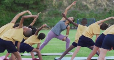 Karışık ırk öğretmeni çeşitli okul çocukları yoga egzersizlerini açık havada gösteriyor. İlkokuldaki çocuklar yazın.
