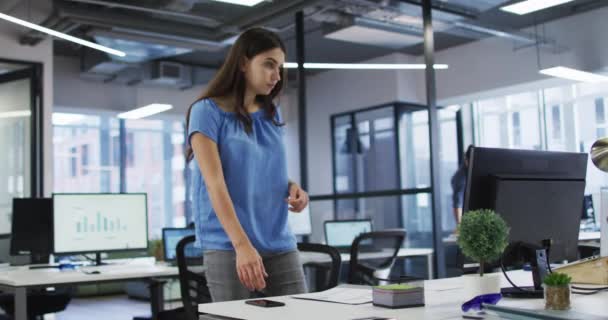 Portrait Caucasian Businesswoman Standing Next Desk Holding Document Smiling Independent — Stock Video