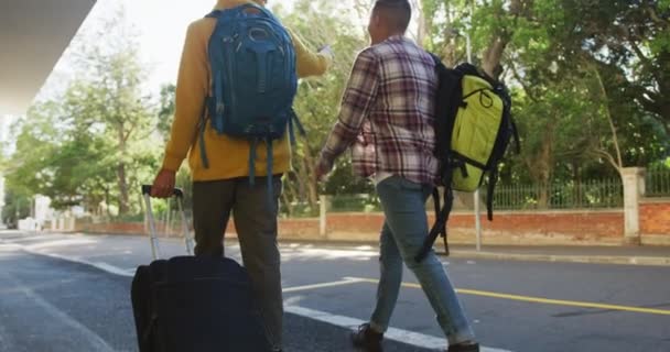 Visão Traseira Dois Felizes Mestiços Amigos Sexo Masculino Andando Conversando — Vídeo de Stock