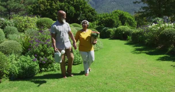 アフリカ系アメリカ人の先輩夫婦が手を取り合いながら庭を歩いている 定年退職したシニアカップルのライフスタイルのコンセプト — ストック動画