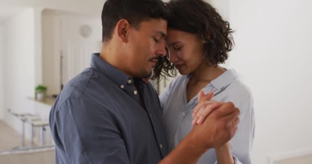 Happy Romantic Hispanic Couple Embracing Dancing Living Room Home Isolation — Stock Video