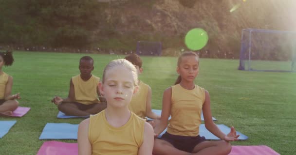 Diverse Groep Schoolkinderen Zitten Matten Mediteren Tijdens Yoga Lessen Buiten — Stockvideo