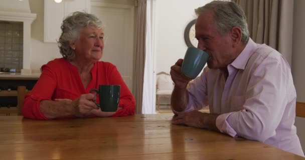 Smiling Caucasian Senior Pasangan Duduk Meja Ruang Makan Berbicara Dan — Stok Video