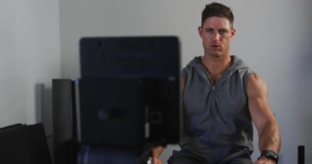 Fit Tired Caucasian Man Exercising Practicing Rowing Gym Cross Training — Αρχείο Βίντεο