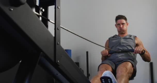 Fit Tired Caucasian Man Exercising Practicing Rowing Gym Cross Training — Αρχείο Βίντεο