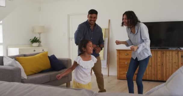 Happy Hispanic Family Daughter Dancing Having Fun Living Room Home — Stock Video