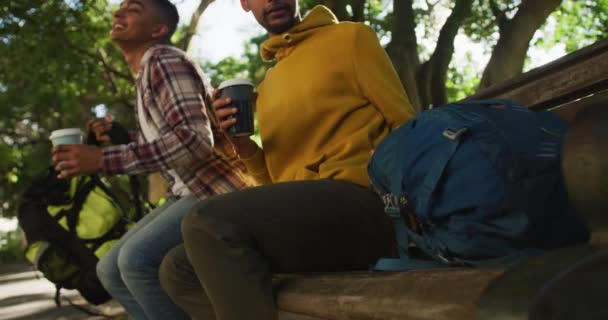 Parkta Sırt Çantasıyla Kahve Içen Iki Mutlu Melez Erkek Arkadaş — Stok video