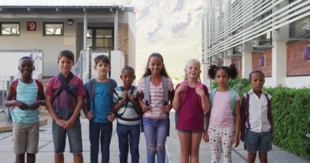 Divers Groupes Écoliers Portant Des Sacs Dos Souriant Debout Dans — Video