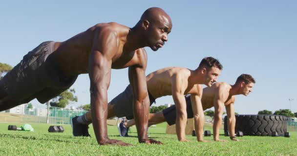 由三个健康的男人组成的多样化的小组在室外锻炼 做俯卧撑 在运动场上为健身进行交叉训练 — 图库视频影像