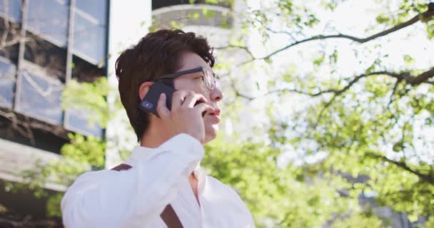 Kafası Karışmış Asyalı Adam Sokakta Dikilirken Akıllı Telefondan Konuşuyor Yaşam — Stok video
