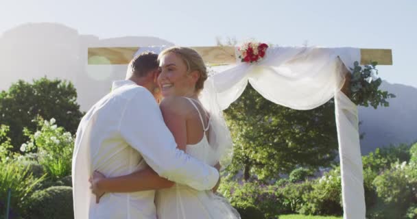 Portrait Happy Caucasian Newly Wed Couple Dancing Front Altar Outdoors — Stock Video