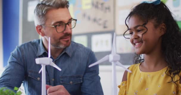 Diverse Male Teacher Schoolgirl Learning Wind Power Renewable Sources Energy — Stock Video