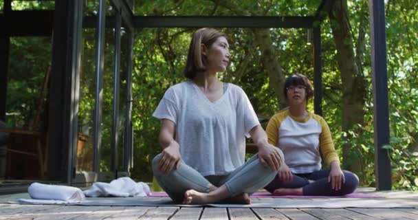 Asiatische Mutter Und Tochter Beim Yoga Freien Garten Zuhause Isolation — Stockvideo
