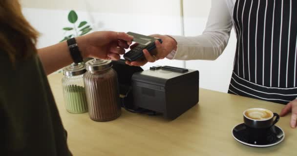 Caucasian Waitress Receiving Contactless Payment Giving Coffee Cup Caucasian Female — Stock Video