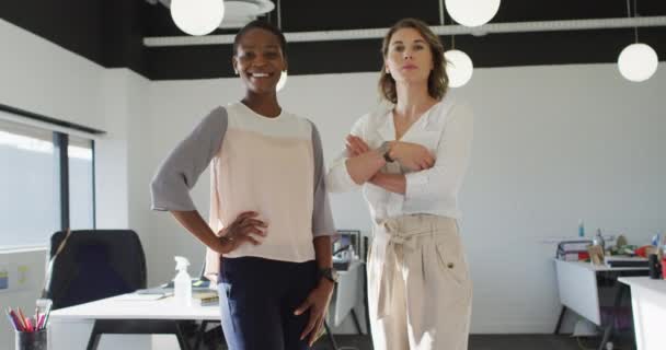 Deux Collègues Féminines Diverses Debout Souriant Dans Bureau Entreprise Créative — Video