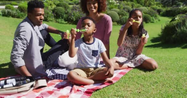 Gelukkige Afro Amerikaanse Ouders Dochter Zoon Zitten Buiten Een Deken — Stockvideo