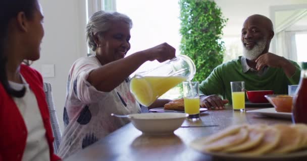 Die Afroamerikanische Großmutter Spricht Mit Ihrer Enkelin Während Sie Saft — Stockvideo