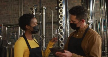 Çeşitli erkek ve kadın meslektaşlar, içki imalathanesinde maske takıyor. Ürünleri kontrol ediyor, tablet kullanıyor. Coronavirus covid 19 pandesindeki bağımsız içki imalathanesinde çalışıyorum.