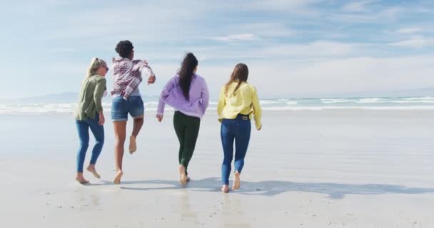 Felice Gruppo Diverse Amiche Che Divertono Correndo Spiaggia Vacanze Libertà — Video Stock