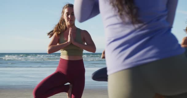 Grupp Olika Kvinnliga Vänner Som Utövar Yoga Stranden Hälsosam Aktiv — Stockvideo