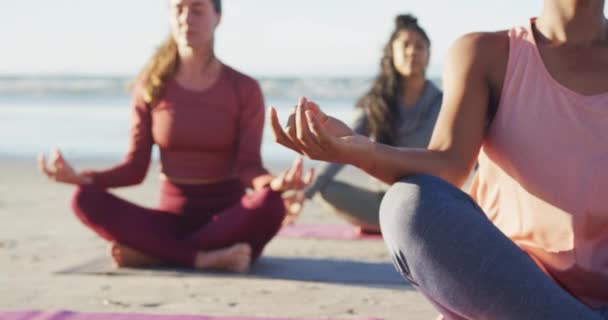 Gruppe Diverser Freundinnen Die Strand Meditieren Gesunder Aktiver Lebensstil Fitness — Stockvideo