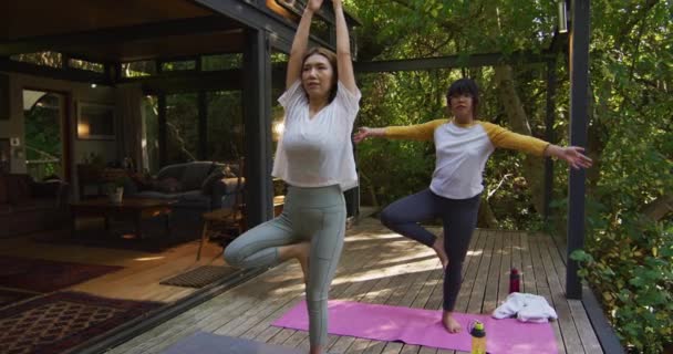 Madre Hija Asiáticas Practicando Yoga Aire Libre Jardín Casa Aislamiento — Vídeos de Stock