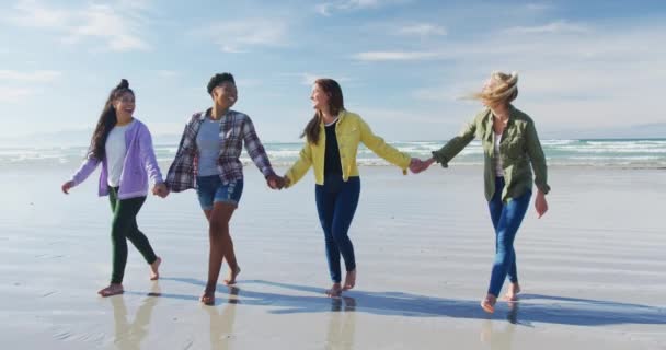 Feliz Grupo Diversas Amigas Divirtiéndose Caminando Por Playa Cogidas Mano — Vídeo de stock