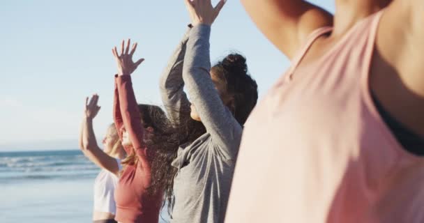 Grupp Olika Kvinnliga Vänner Som Utövar Yoga Stranden Hälsosam Aktiv — Stockvideo