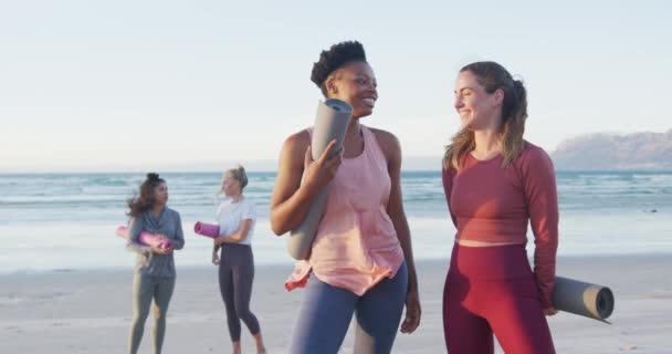 Group Diverse Female Friends Holding Yoga Mats Beach Healthy Active — Stock Video