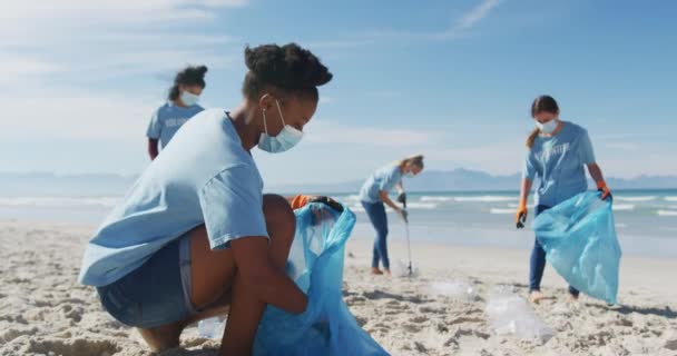 Diverse Group Women Wearing Volunteer Shirts Face Masks Picking Rubbish — Stock Video