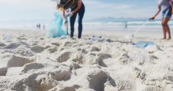 Diverse Freundinnen Werfen Müll Müllsäcke Strand Freiwillige Umweltschützer Säuberung Des — Stockvideo