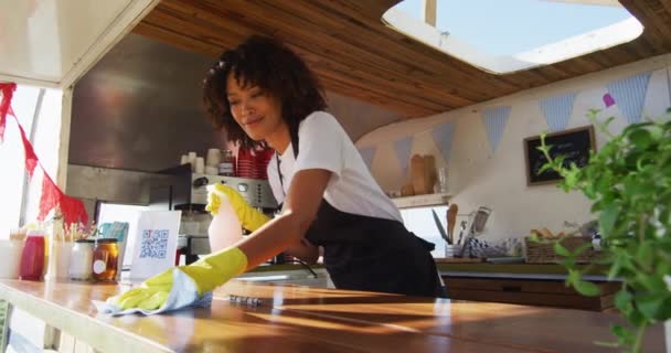 Femme Afro Américaine Portant Tablier Des Gants Nettoyant Camion Alimentaire — Video