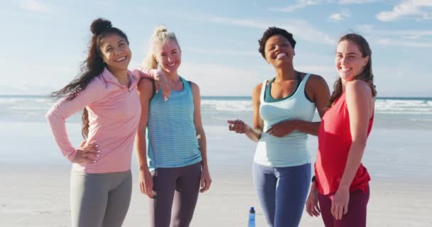 ビーチで楽しんでいる多様な女性の友人の幸せなグループの肖像画 休日と自由と余暇を屋外で — ストック動画