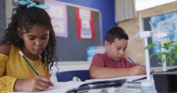 Diverse Schoolkinderen Leren Windenergie Hernieuwbare Energiebronnen Kinderen Basisschool — Stockvideo