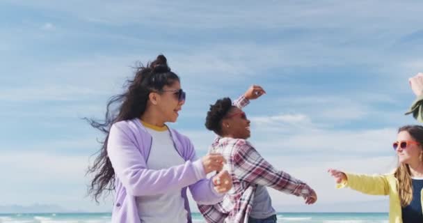 Mutlu Bir Grup Kadın Arkadaş Sahilde Eğleniyor Dans Ediyor Gülümsüyor — Stok video