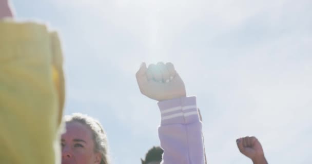 Groupe Diversifié Amies Levant Les Poings Plage Femmes Amis Collage — Video