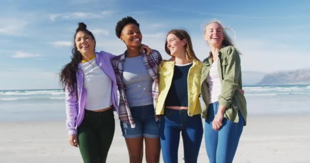 Portrait Happy Group Diverse Female Friends Having Fun Laughing Beach — Stock Video
