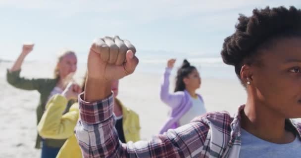 Diverse Group Female Friends Raising Fists Beach Female Friends Bonding — Stock Video