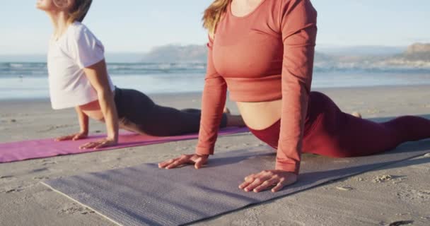 Zwei Kaukasische Freundinnen Praktizieren Yoga Dehnen Sich Strand Gesunder Aktiver — Stockvideo