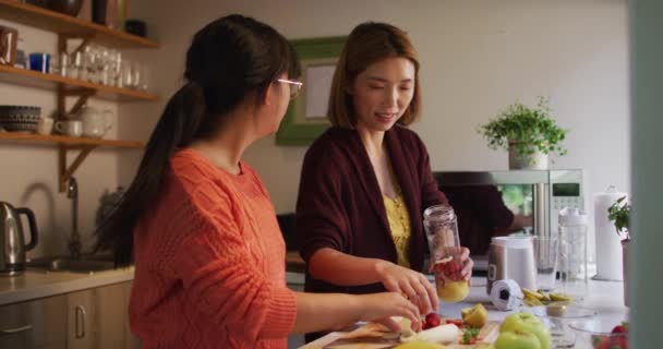 Azjatycka Matka Córka Przygotowują Zdrowy Napój Kuchni Uśmiechnięta Domu Izolacji — Wideo stockowe