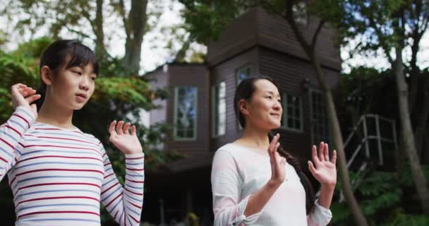 Mutlu Asyalı Anne Kızıyla Bahçede Egzersiz Yapıyor Tai Chi Yapıyor — Stok video