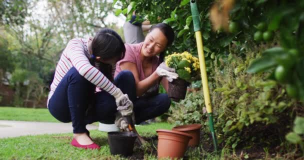 Feliz Mãe Filha Asiática Jardim Plantando Flores Conversando Família Feliz — Vídeo de Stock