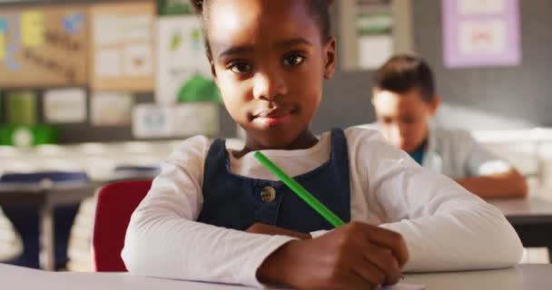 Retrato Una Colegiala Afroamericana Sentada Clase Tomando Notas Mirando Cámara — Vídeos de Stock