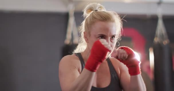 体操で彼女のパンチを練習する白人女性ボクサーのクローズアップ スポーツ トレーニング フィットネスの概念 — ストック動画