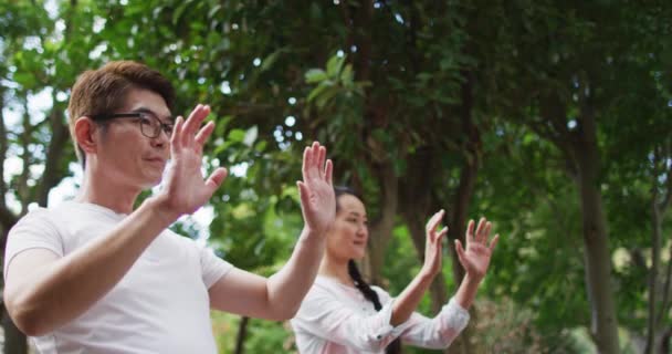 幸せなアジアのカップルの庭で娘と一緒に太極拳を練習する 幸せな家族隔離された家で隔離された時 — ストック動画