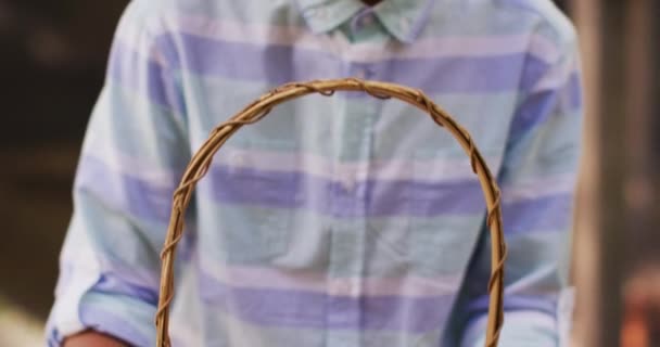 Happy Asian Boy Holding Basket Eggs Garden Home Isolation Quarantine — Stock Video