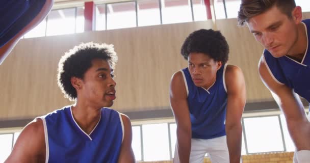ゲームの戦術を議論するハドルで多様な男性バスケットボールチーム バスケットボール室内裁判所でのスポーツトレーニング — ストック動画